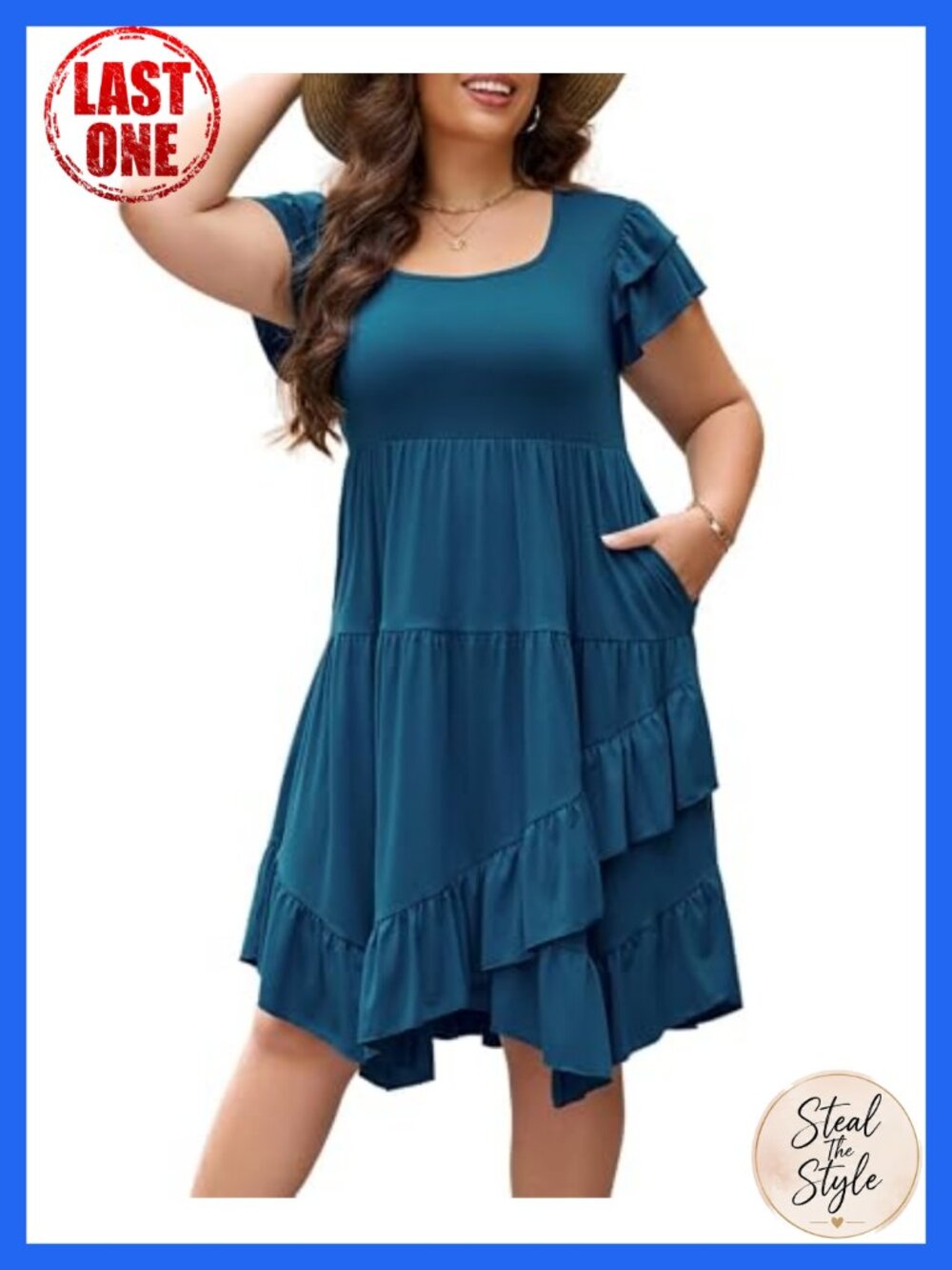 Plus Size Square Neck Ruffle Hem Dress - 62% Polyester 33% Viscose 5% Spandex